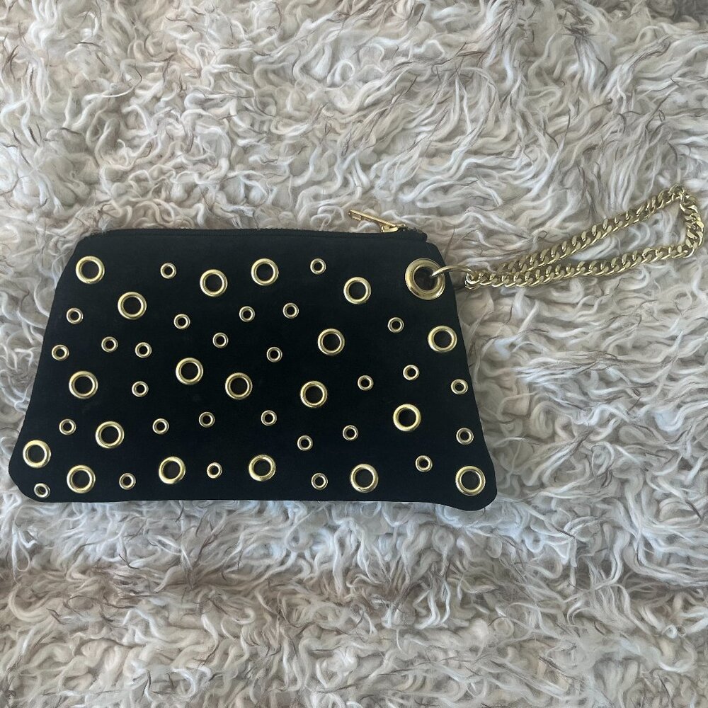Black Suede Wristlet/Clutch with Gold Grommets and Wrist Chain